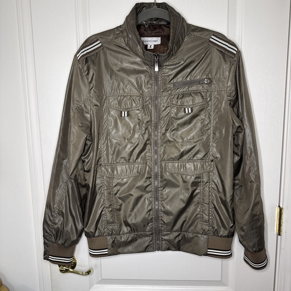Men's L Bronze Gold Metallic Bomber Jacket Military Multi-Pocket